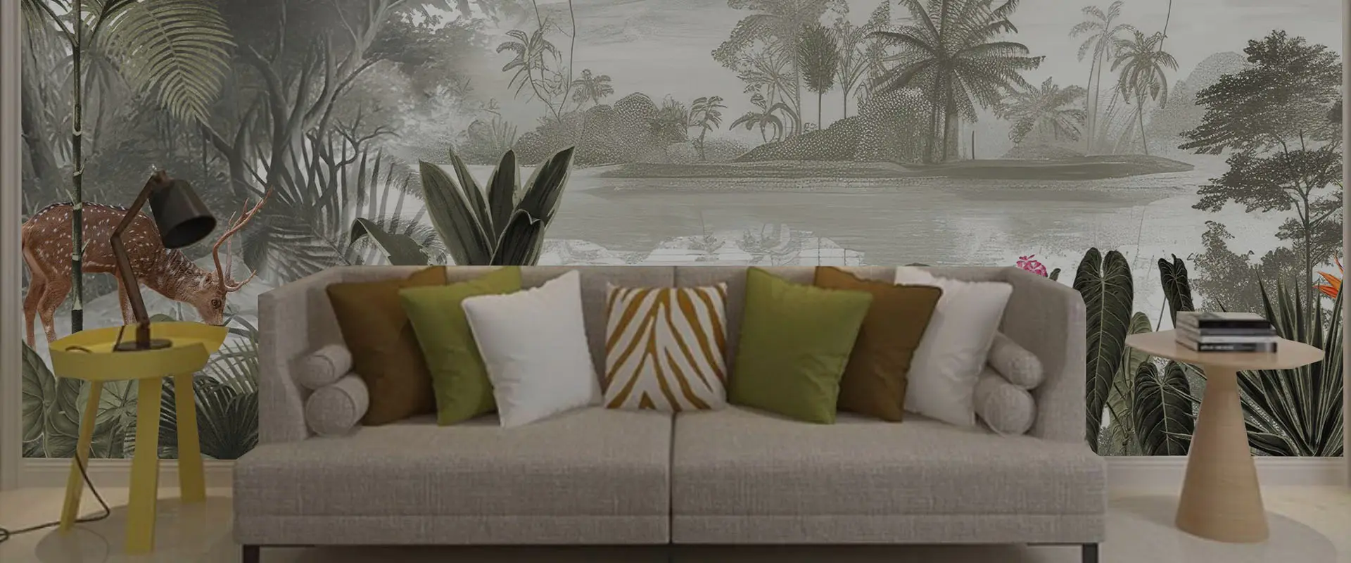 Modern living room with tropical wall wallpaper design behind sofa in premium interior setting