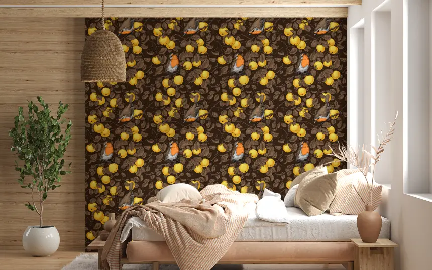 Robins in the Apple Tree/Yellow and Dark Brown Wallpaper