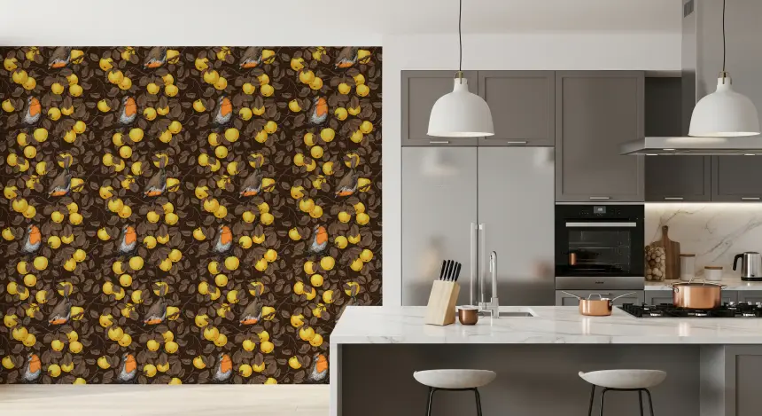 Robins in the Apple Tree/Yellow and Dark Brown Wallpaper
