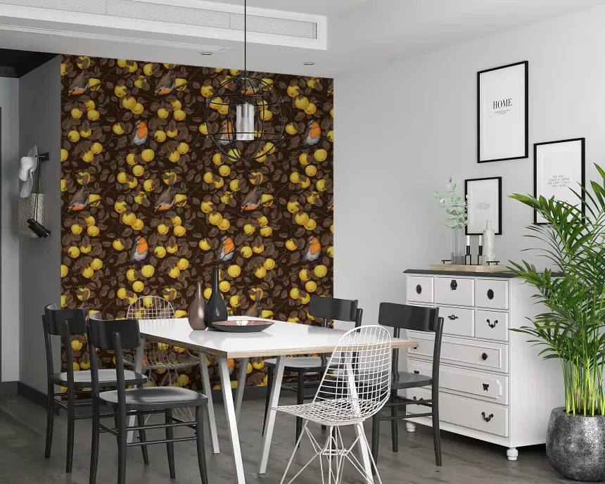 Robins in the Apple Tree/Yellow and Dark Brown Wallpaper