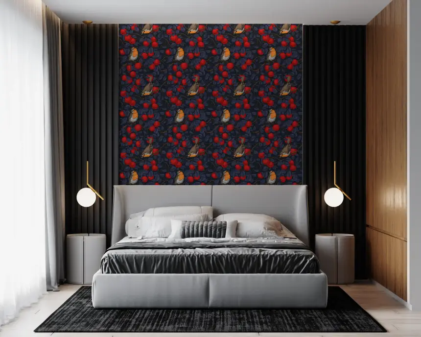 Robins in the Apple Tree/Blue and Red Wallpaper