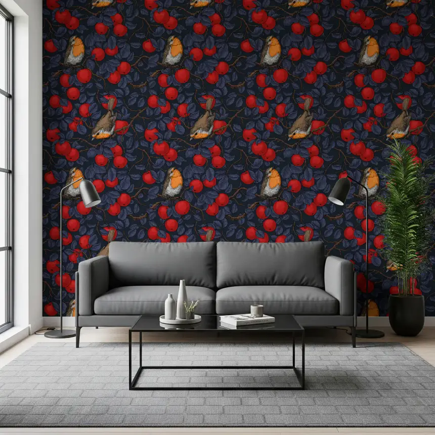 Robins in the Apple Tree/Blue and Red Wallpaper