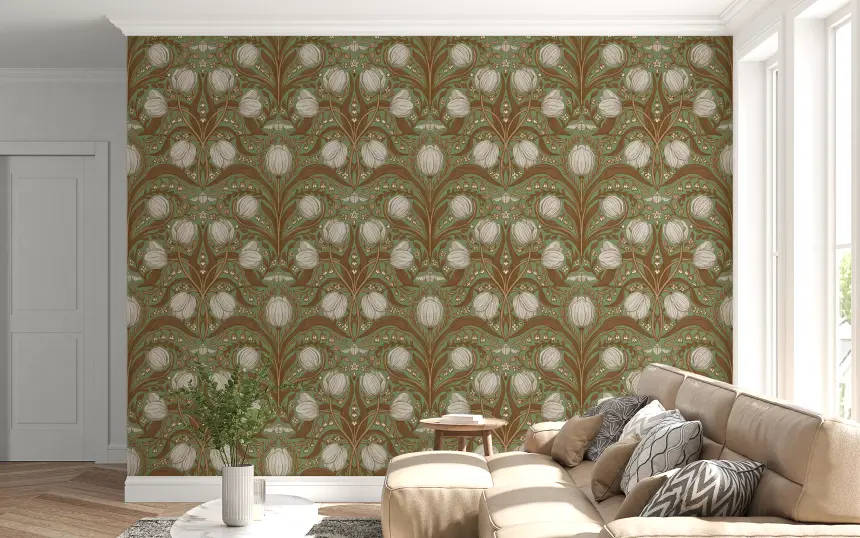Retro Nouveau Tulips in Sage and Brown Wallpaper