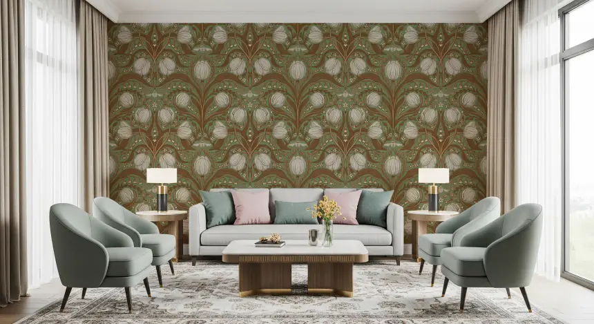 Retro Nouveau Tulips in Sage and Brown Wallpaper