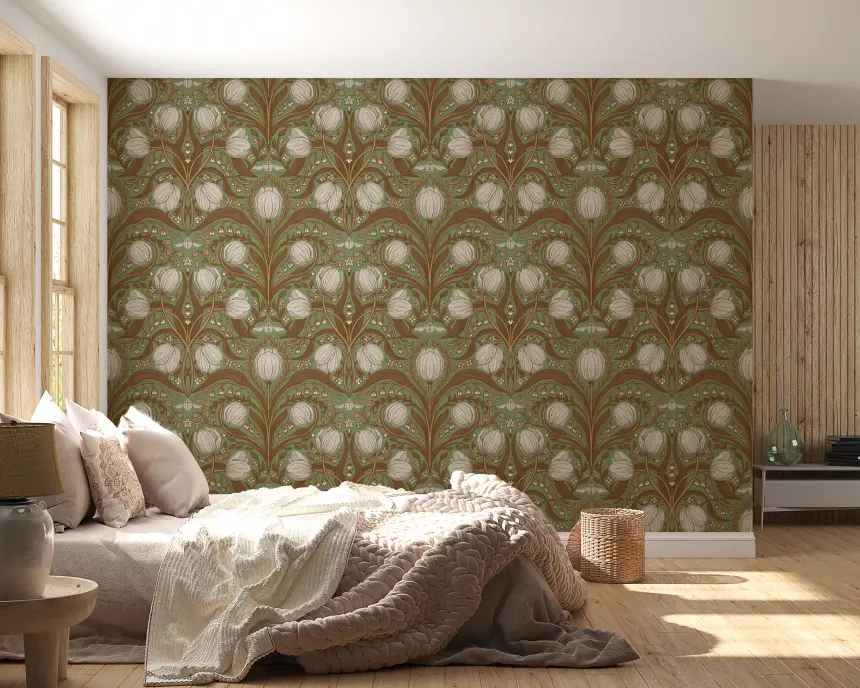 Retro Nouveau Tulips in Sage and Brown Wallpaper