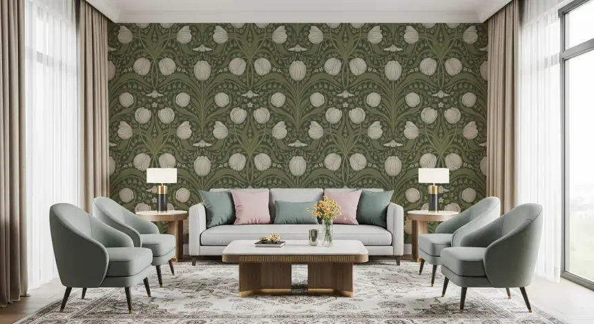 Retro Nouveau Tulips in Orange and Teal Wallpaper