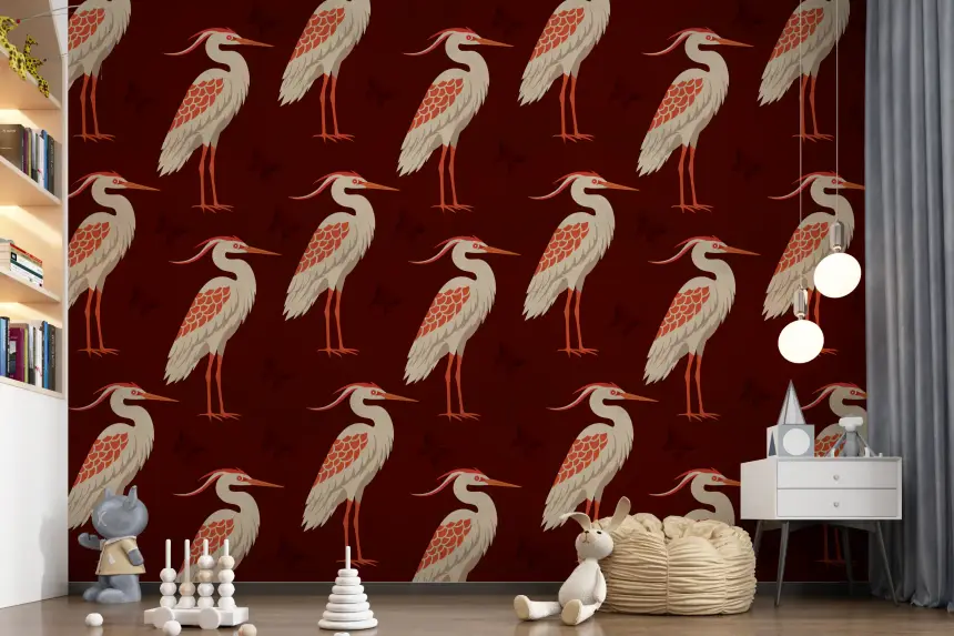 Burgundy Heron & Butterflies Wall Mural