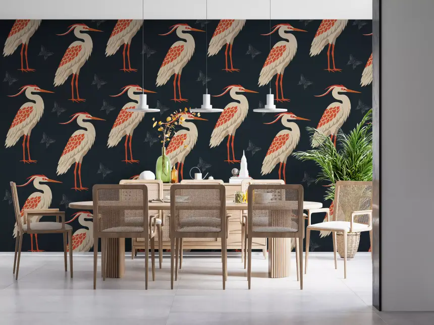 Navy Heron & Butterflies Wall Mural