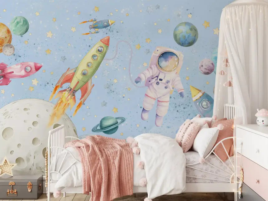 Watercolor Space Adventure Light Blue Wall Mural