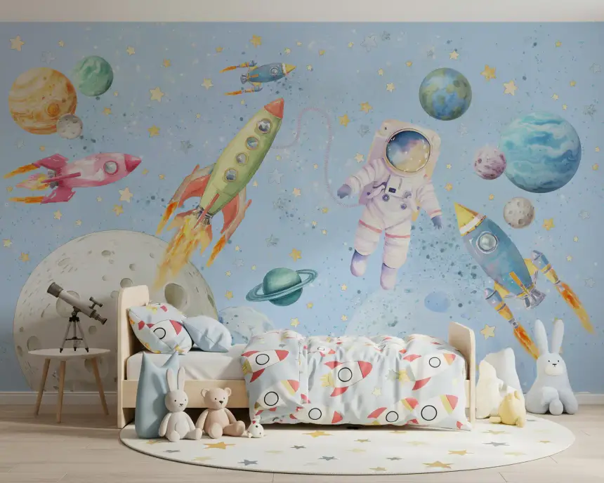 Watercolor Space Adventure Light Blue Wall Mural