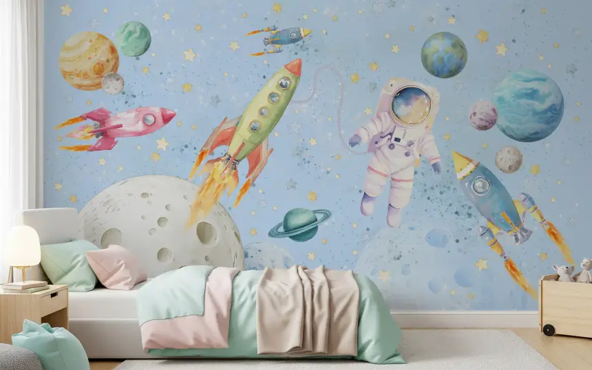 Watercolor Space Adventure Light Blue Wall Mural