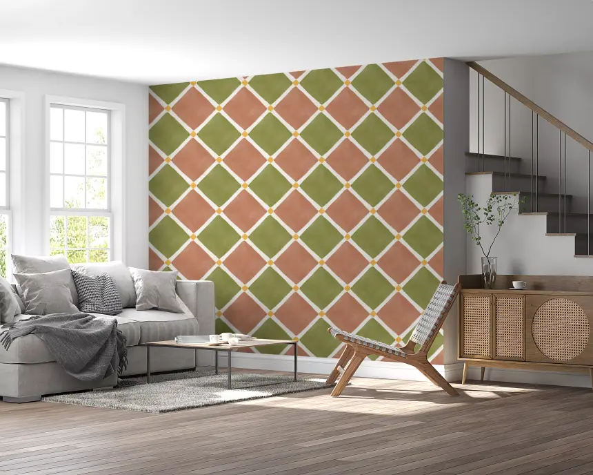 Mediterranean Rustic Checkerboard Aged Decoration - Terracotta - Olive Wallpaper