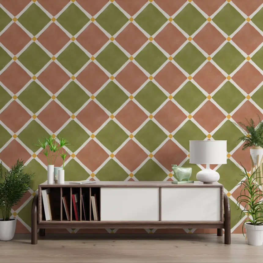 Mediterranean Rustic Checkerboard Aged Decoration - Terracotta - Olive Wallpaper