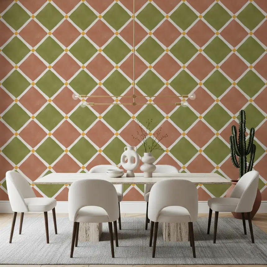 Mediterranean Rustic Checkerboard Aged Decoration - Terracotta - Olive Wallpaper