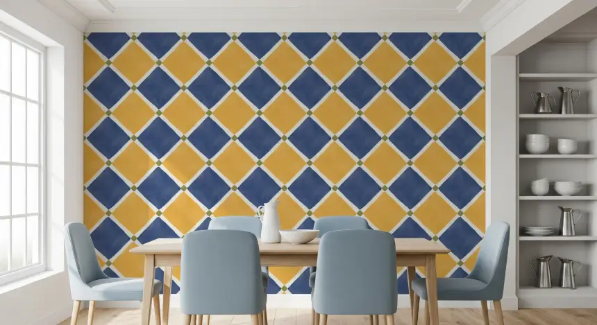 Mediterranean Rustic Checkerboard Aged Decoration - Yellow - Blue Wallpaper