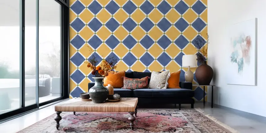 Mediterranean Rustic Checkerboard Aged Decoration - Yellow - Blue Wallpaper