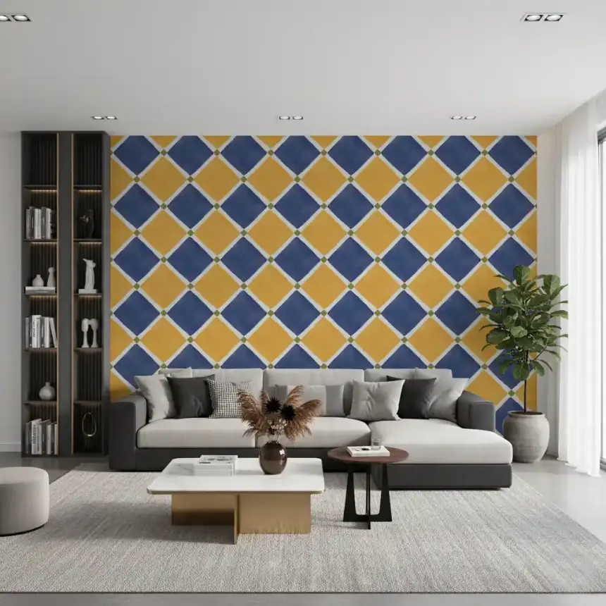 Mediterranean Rustic Checkerboard Aged Decoration - Yellow - Blue Wallpaper