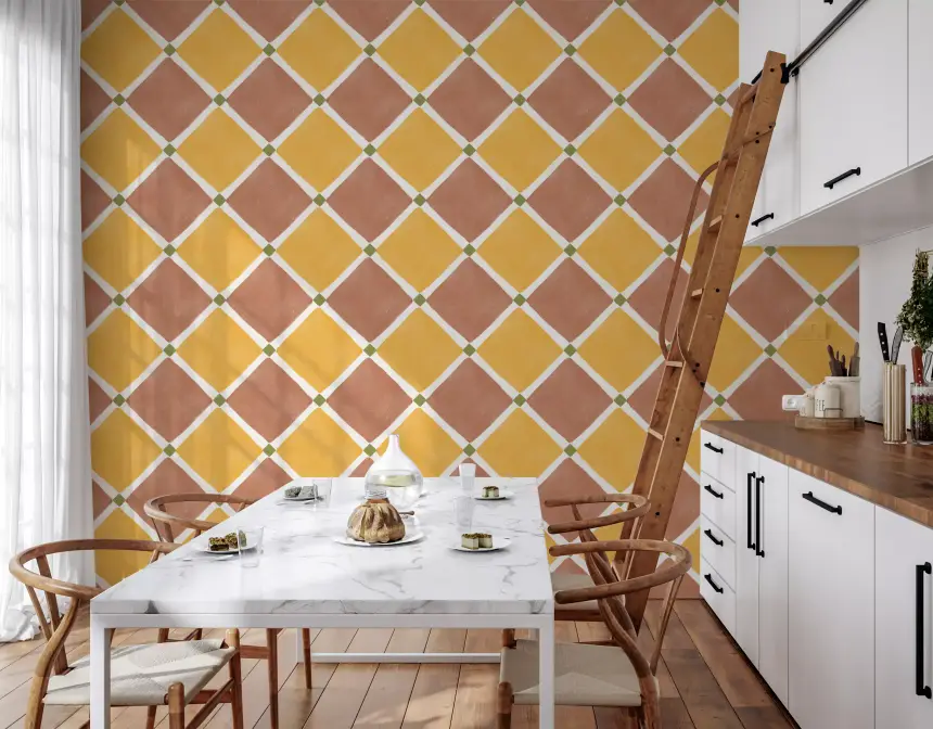 Mediterranean Rustic Checkerboard Aged Decoration - Terracotta - Yellow Wallpaper