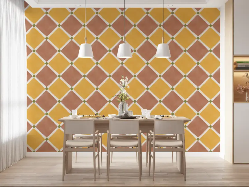 Mediterranean Rustic Checkerboard Aged Decoration - Terracotta - Yellow Wallpaper