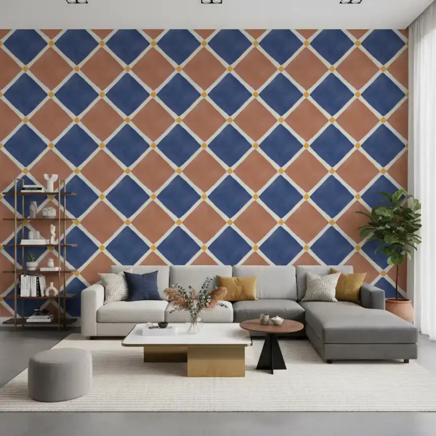 Mediterranean Rustic Checkerboard Aged Decoration - Terracotta - Blue Wallpaper