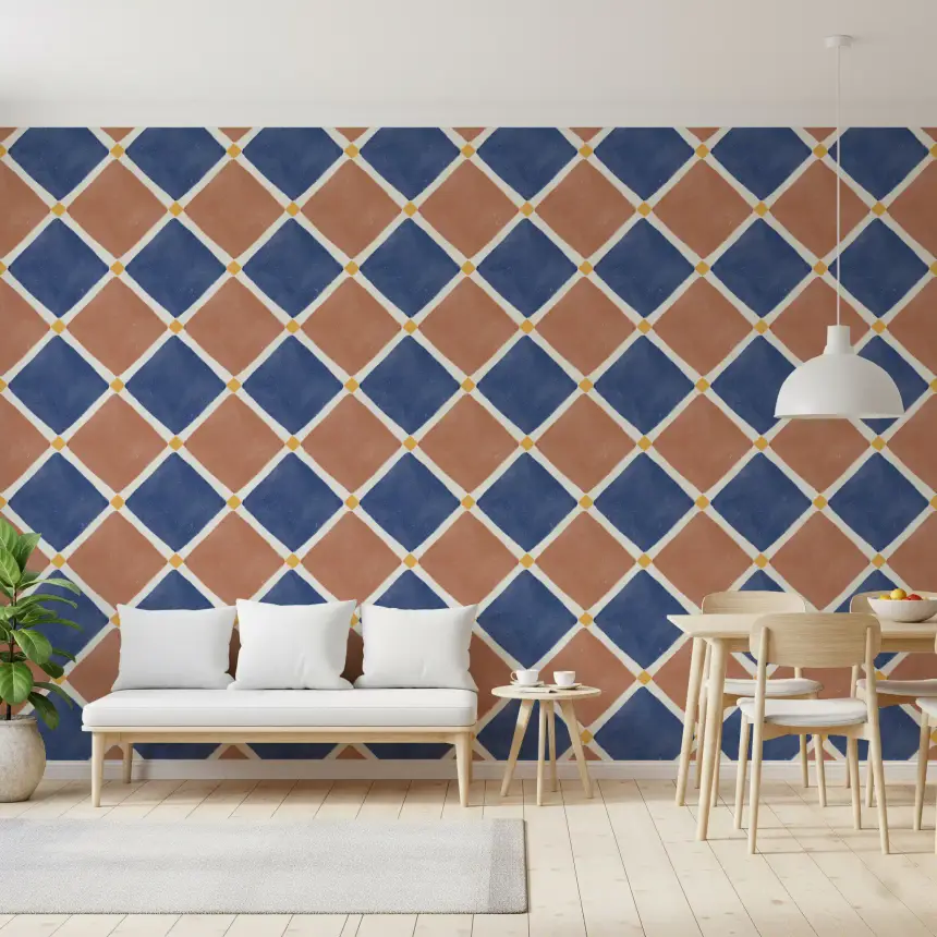 Mediterranean Rustic Checkerboard Aged Decoration - Terracotta - Blue Wallpaper