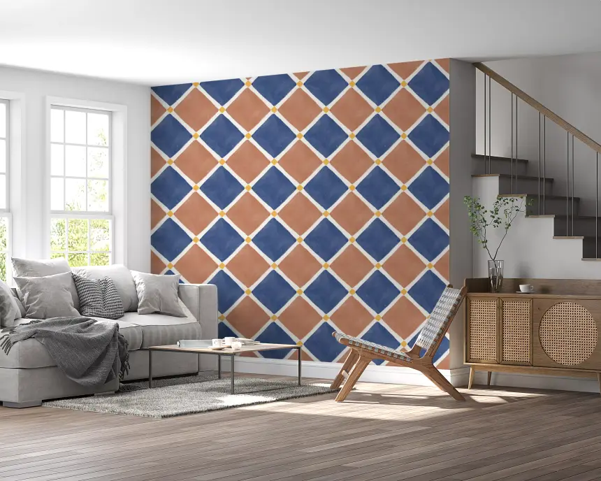 Mediterranean Rustic Checkerboard Aged Decoration - Terracotta - Blue Wallpaper