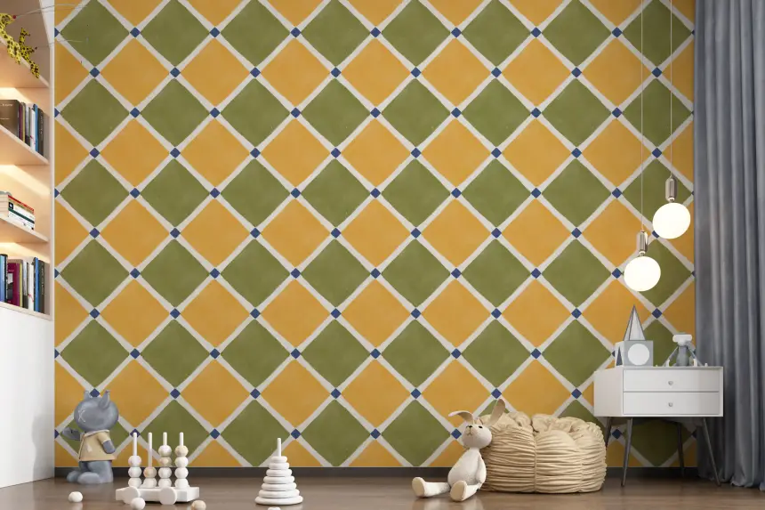 Mediterranean Rustic Checkerboard Aged Decoration - Yellow - Olive Wallpaper