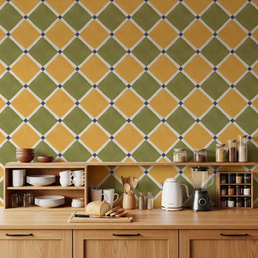 Mediterranean Rustic Checkerboard Aged Decoration - Yellow - Olive Wallpaper