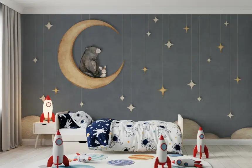 Bear on the Moon Blue Wall Mural