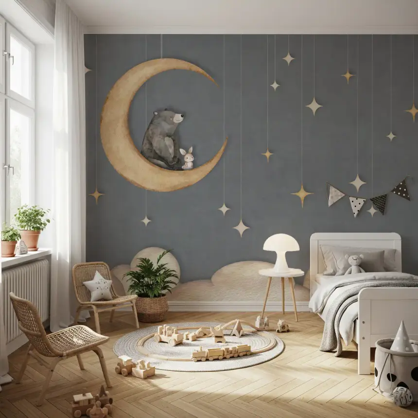 Bear on the Moon Blue Wall Mural