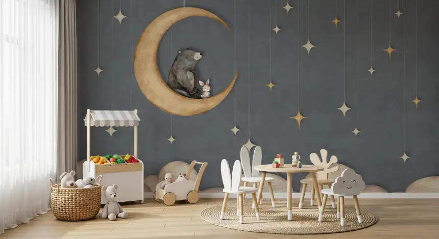 Bear on the Moon Blue Wall Mural