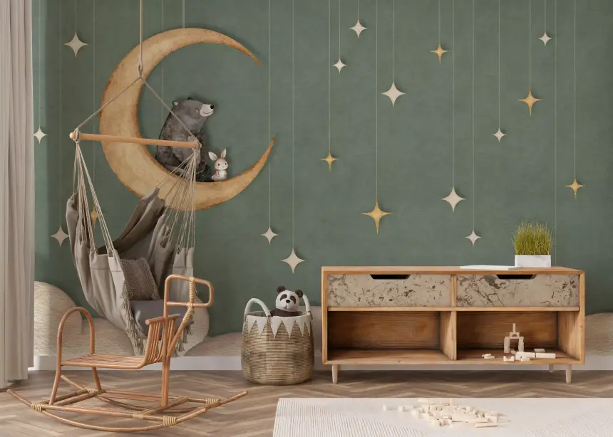 Bear on the Moon Green Wall Mural