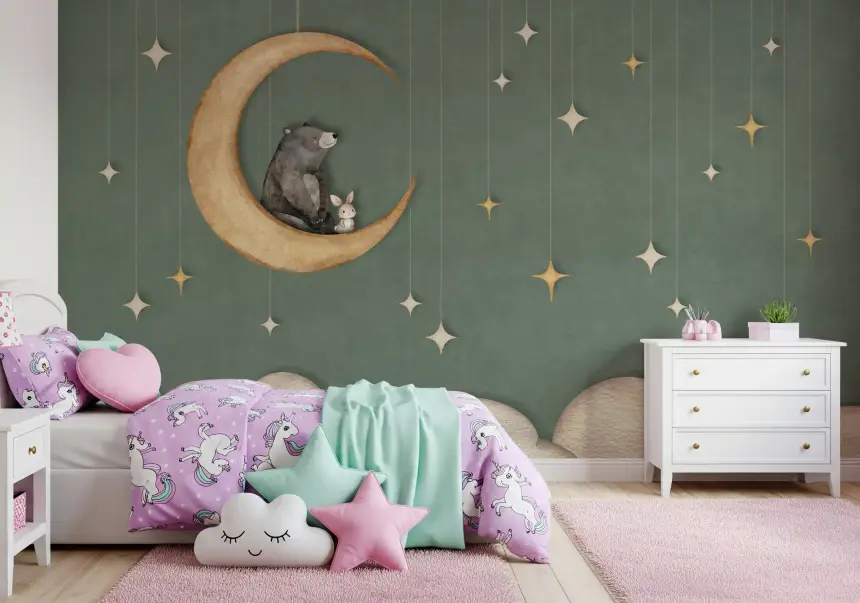Bear on the Moon Green Wall Mural