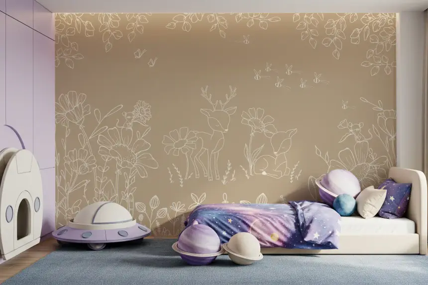 Deer Doodles Brown Wall Mural