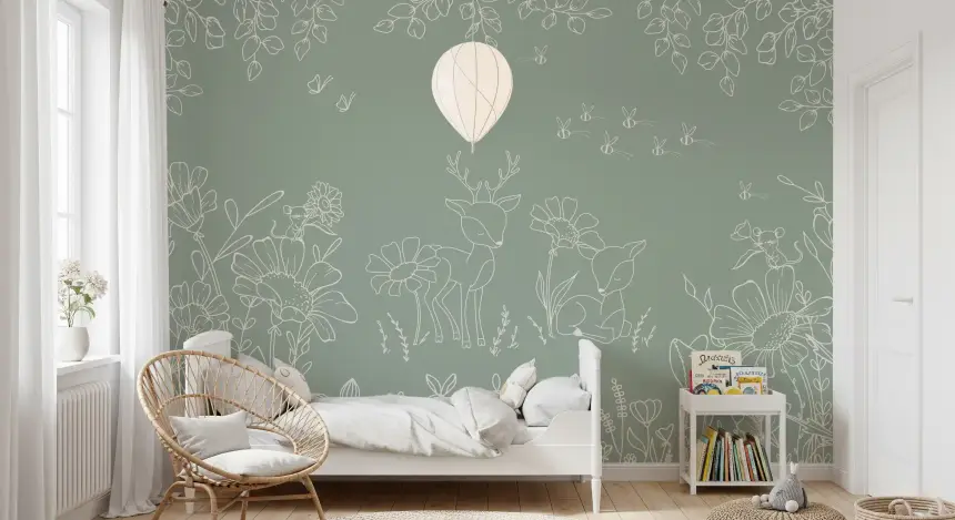 Deer Doodles Green Wall Mural