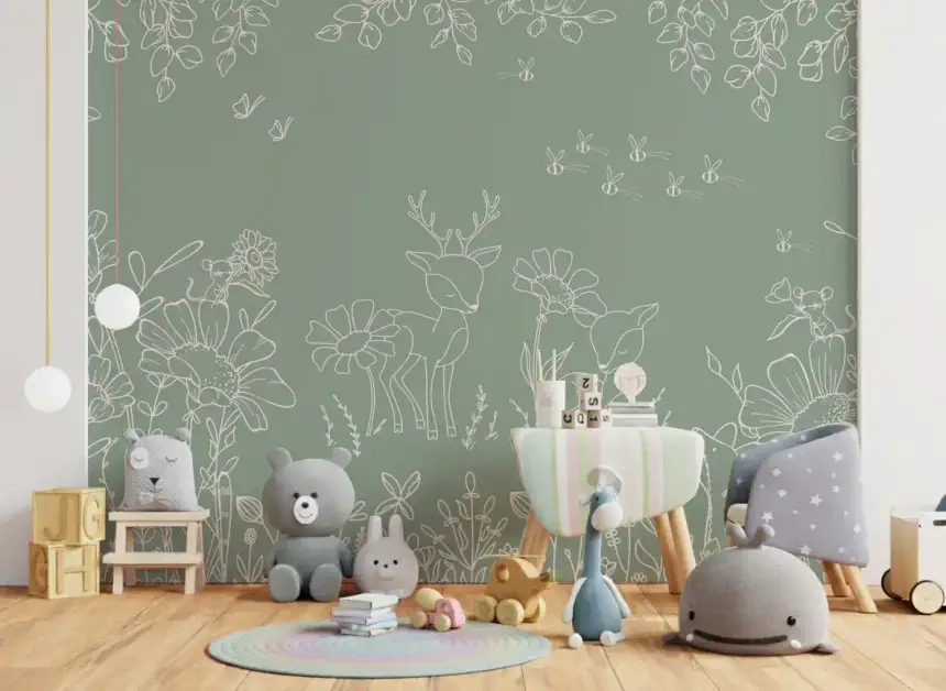 Deer Doodles Green Wall Mural