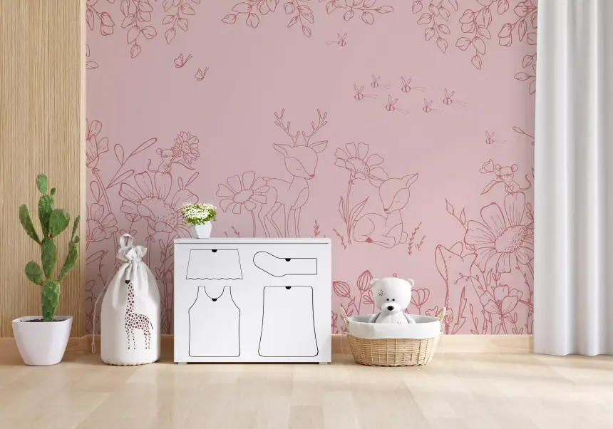 Deer Doodles Pink Dark Wall Mural