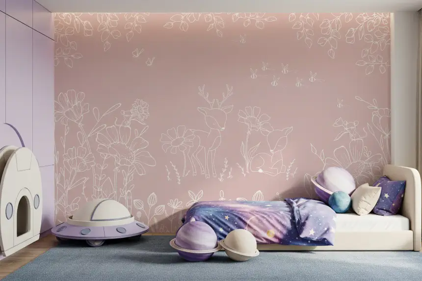 Deer Doodles Pink Wall Mural