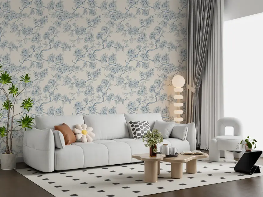 Chery Blossom Branches in Blue and Off White Wallpaper