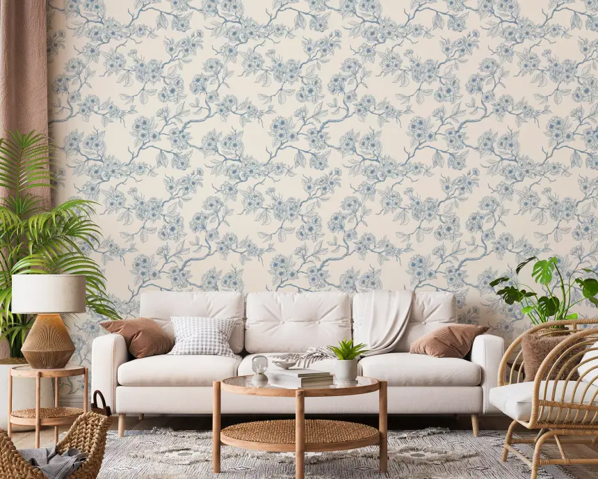 Chery Blossom Branches in Blue and Off White Wallpaper