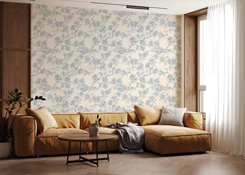 Chery Blossom Branches in Blue and Off White Wallpaper