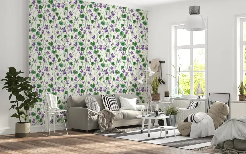 Watercolor Violets on Off White Wallpaper
