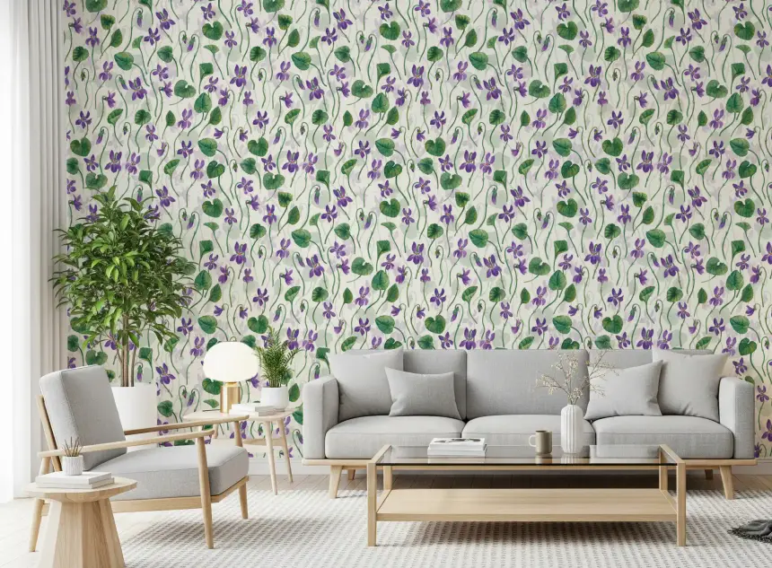Watercolor Violets on Off White Wallpaper