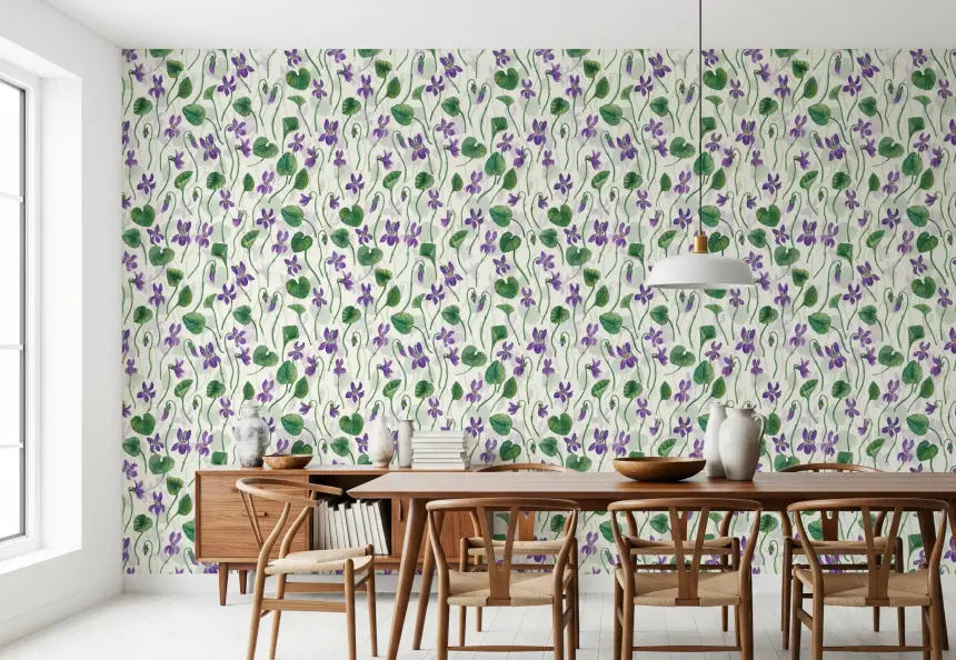 Watercolor Violets on Off White Wallpaper