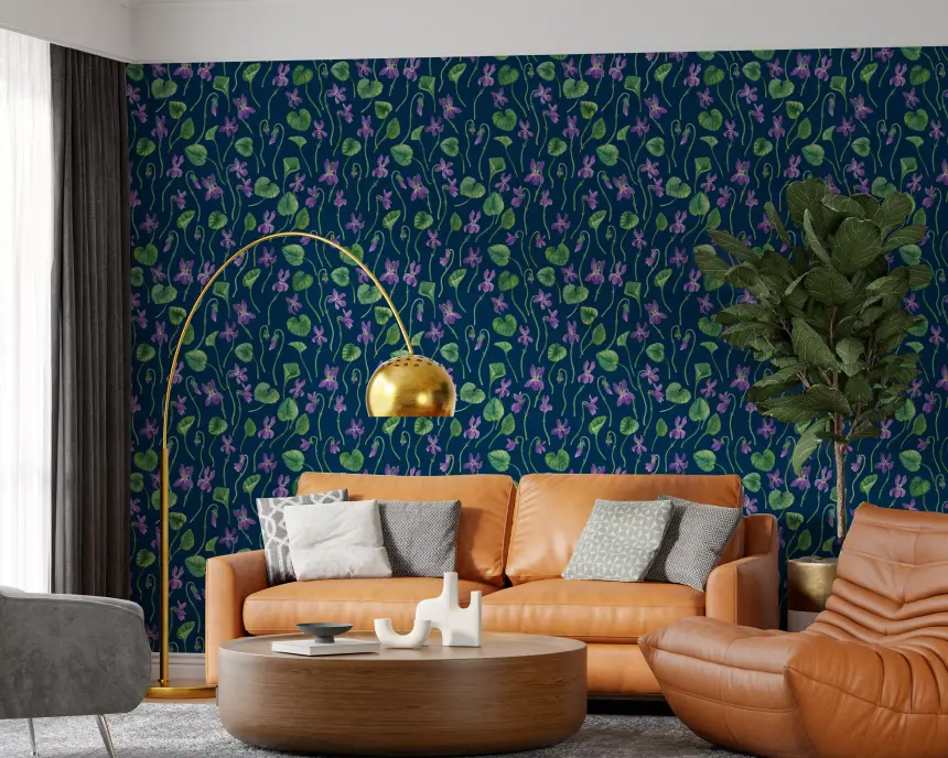 Watercolor Violets on Blue Wallpaper