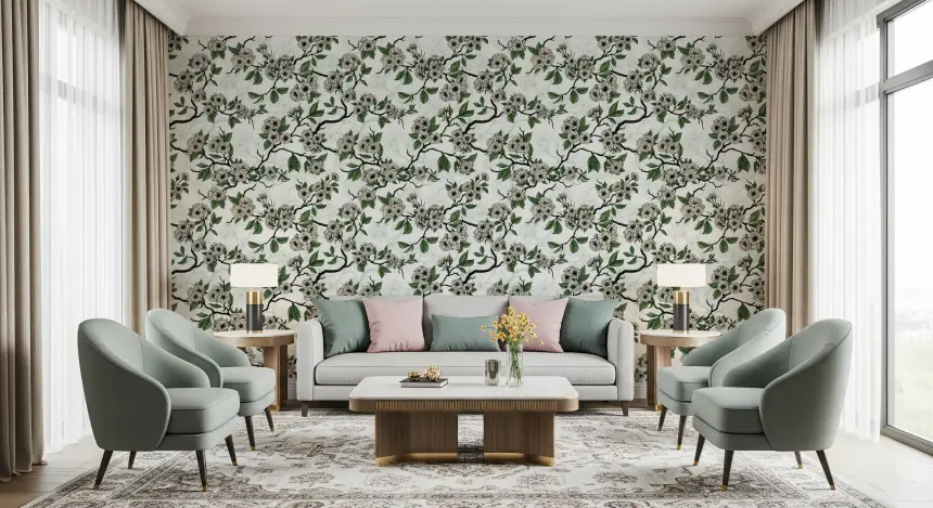 Cherry Blossom on White Wallpaper