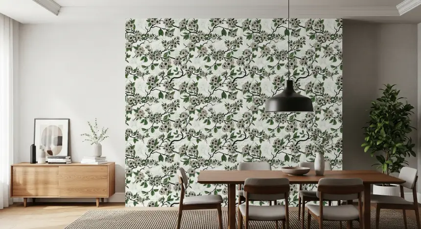 Cherry Blossom on White Wallpaper