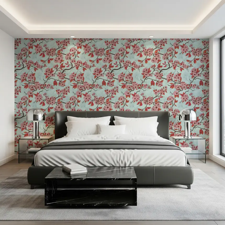 Cherry Blossom on Sea Glass Wallpaper