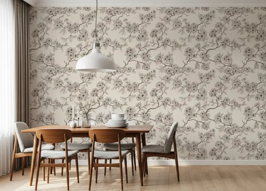 Chery Blossom Branches in Blue and Off White 2 Wallpaper