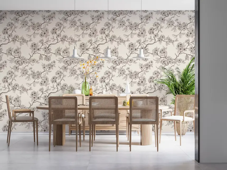 Chery Blossom Branches in Blue and Off White 2 Wallpaper